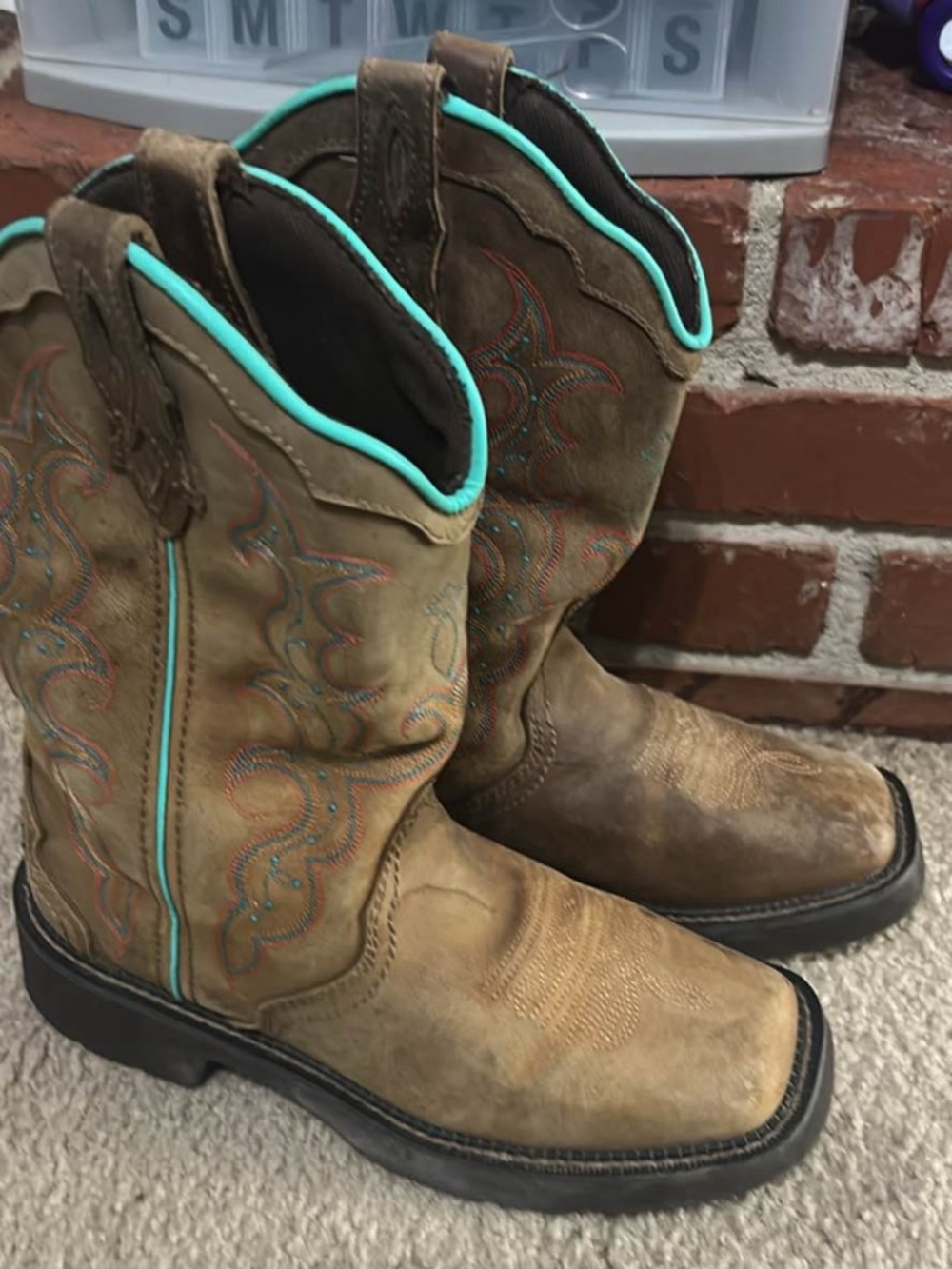 Brown Justin boots Leather Western Work Boots with Turquoise Trim for women’s